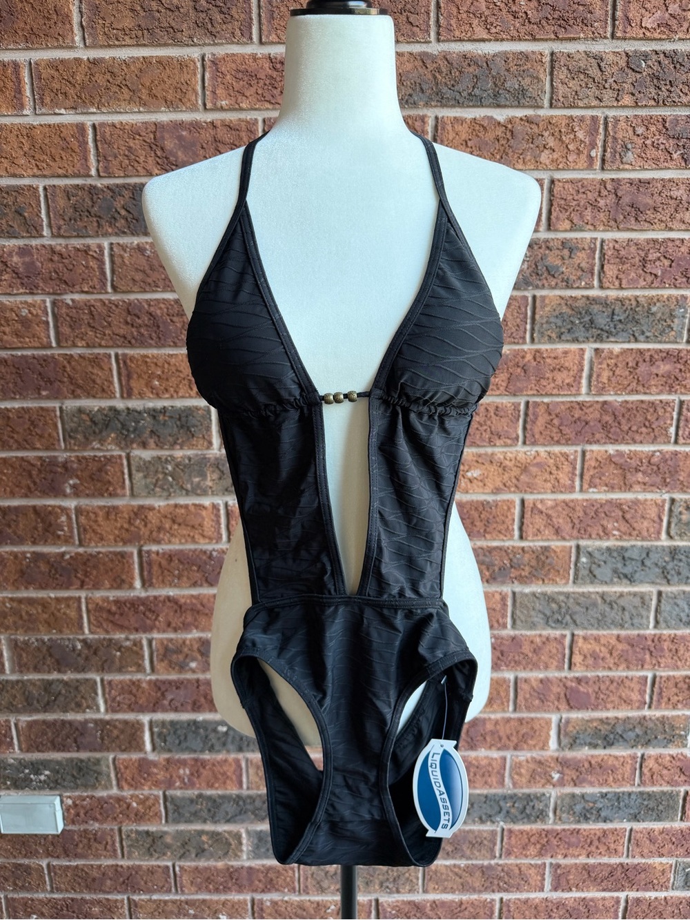 Black Plunge Halter One-Piece Swimsuit with Decorative Bead - Women Swim